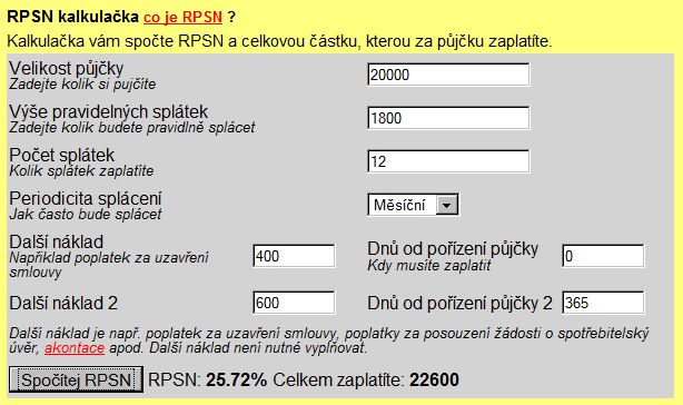 Kalkulaka RPSN http://www.hypoteky-pujcky-uvery.cz/rpsn-kalkulacka.php