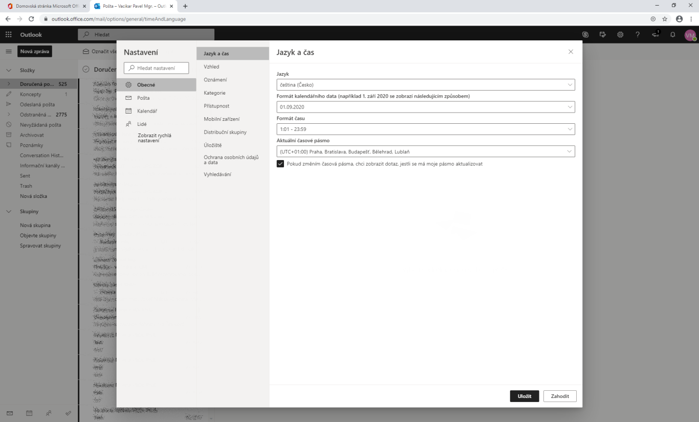 Návod na nastavení správného časového pásma v Outlooku v Microsoft 365